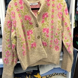 Zara Beige Floral Sweater with Pink and Green Accents